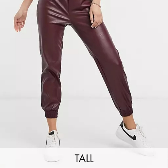 Tall Wine Color Faux Leather Joggers 